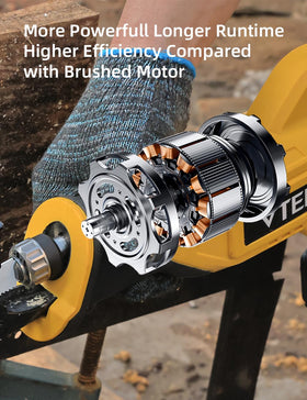 VTEK brushless motor detail showing efficiency and longer runtime.