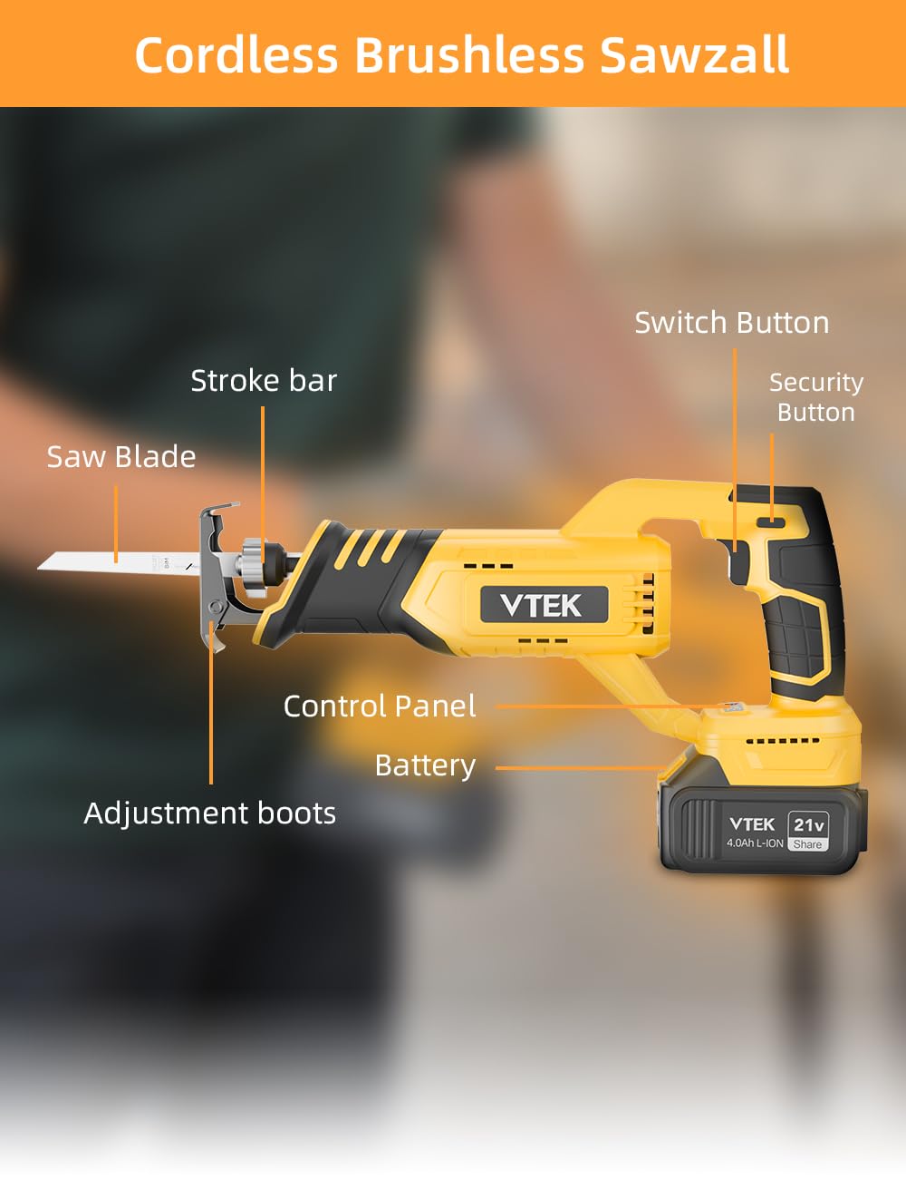 VTEK 22 mm stroke supports wood, plastics, and lighter metal cuts.