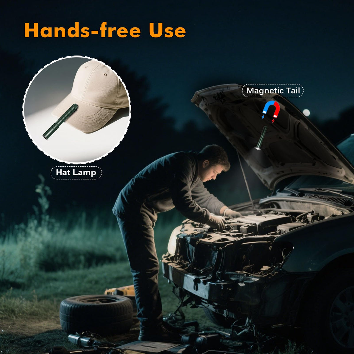 VTIGER T2A magnetic tail cap provides hands-free lighting on metal surfaces.