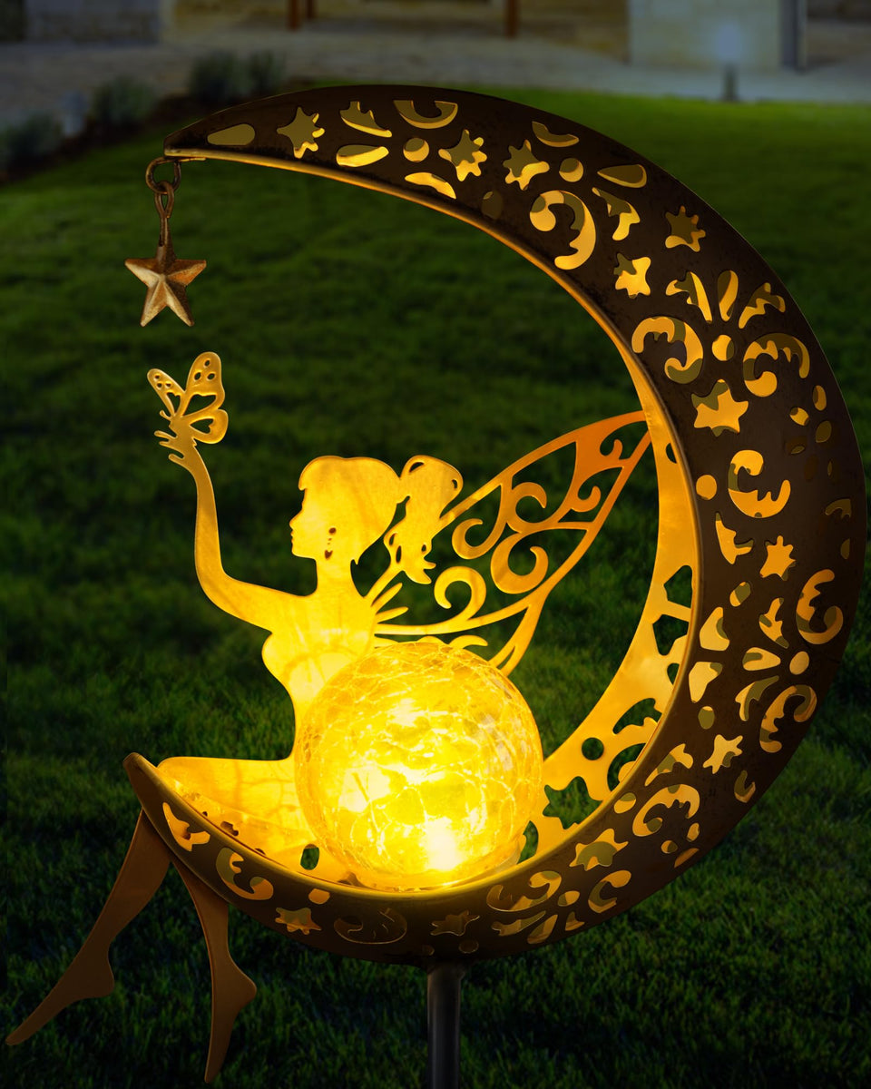 Vuees solar garden statue with fairy and moon light stake for enchanting night ambiance