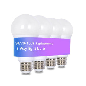 VVH 4-Pack 3-Way LED Bulbs packshot showing energy efficiency and versatile brightness options.