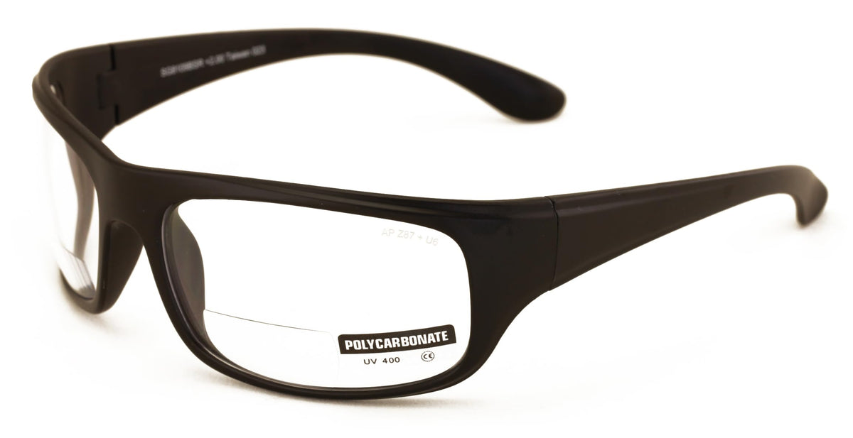V.W.E. safety sunglasses with bifocal readers for on-site reading and eye protection.