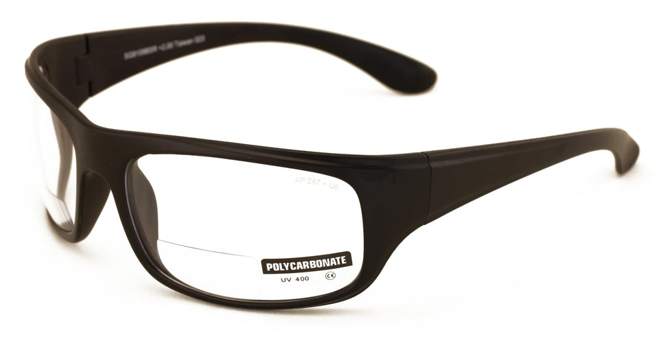 V.W.E. safety sunglasses with bifocal readers for on-site reading and eye protection.