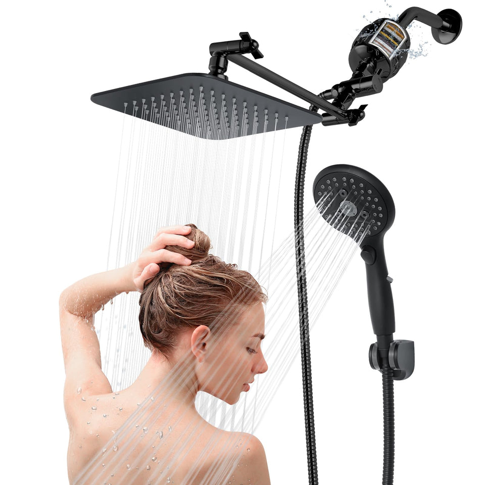 VXV 8-inch dual shower head front view in matte black for spa-like upgrades