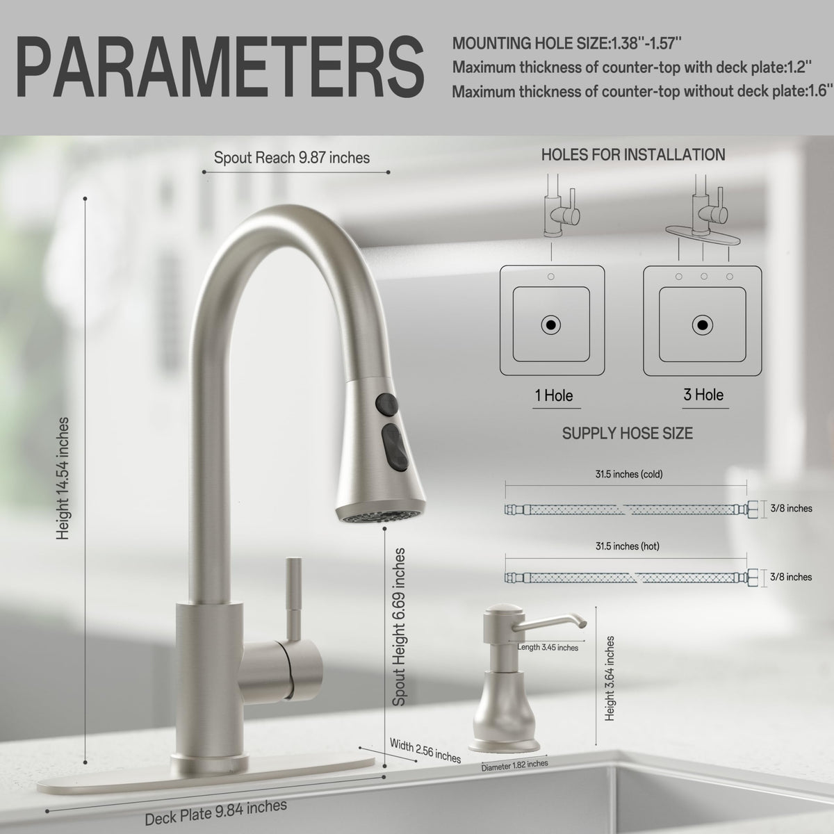 VXV faucet with 17-inch retractable hose covers wide sink areas with ease.