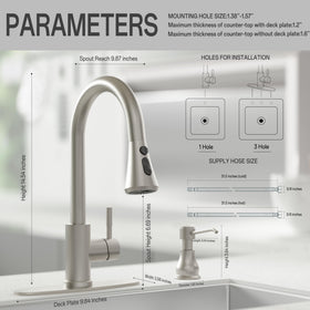 VXV faucet with 17-inch retractable hose covers wide sink areas with ease.
