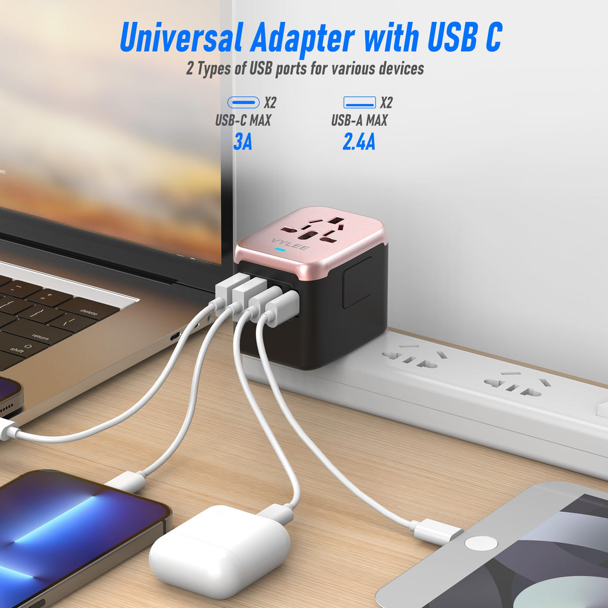 VYLEE 5-in-1 travel adapter with USB A and USB C ports for multiple devices