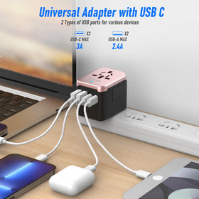 VYLEE 5-in-1 travel adapter with USB A and USB C ports for multiple devices