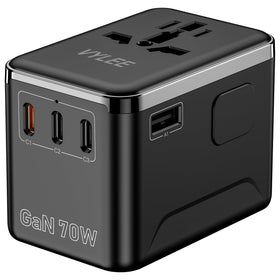 VYLEE 70W GaN travel adapter front view, compact universal charger.