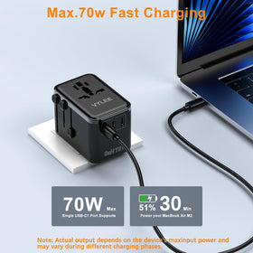 VYLEE 70W GaN adapter showing 3 USB-C and 1 USB-A for multitasking charging.