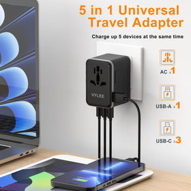 VYLEE 70W GaN travel adapter with US UK EU AU plugs for global use.