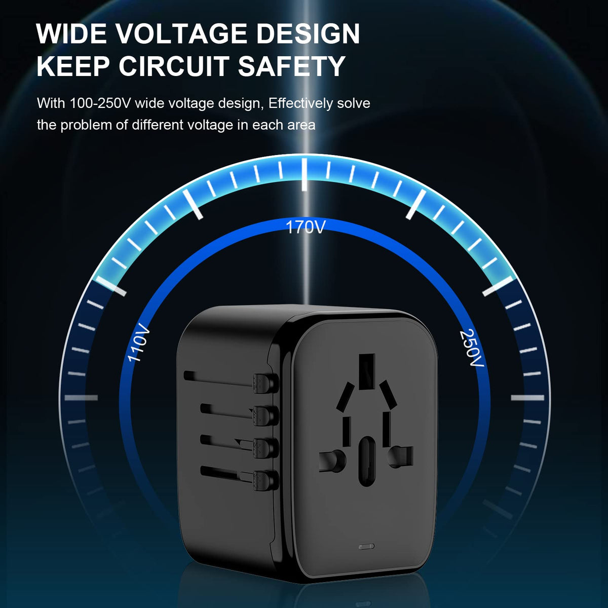 VYLEE matte black travel adapter compact and portable.
