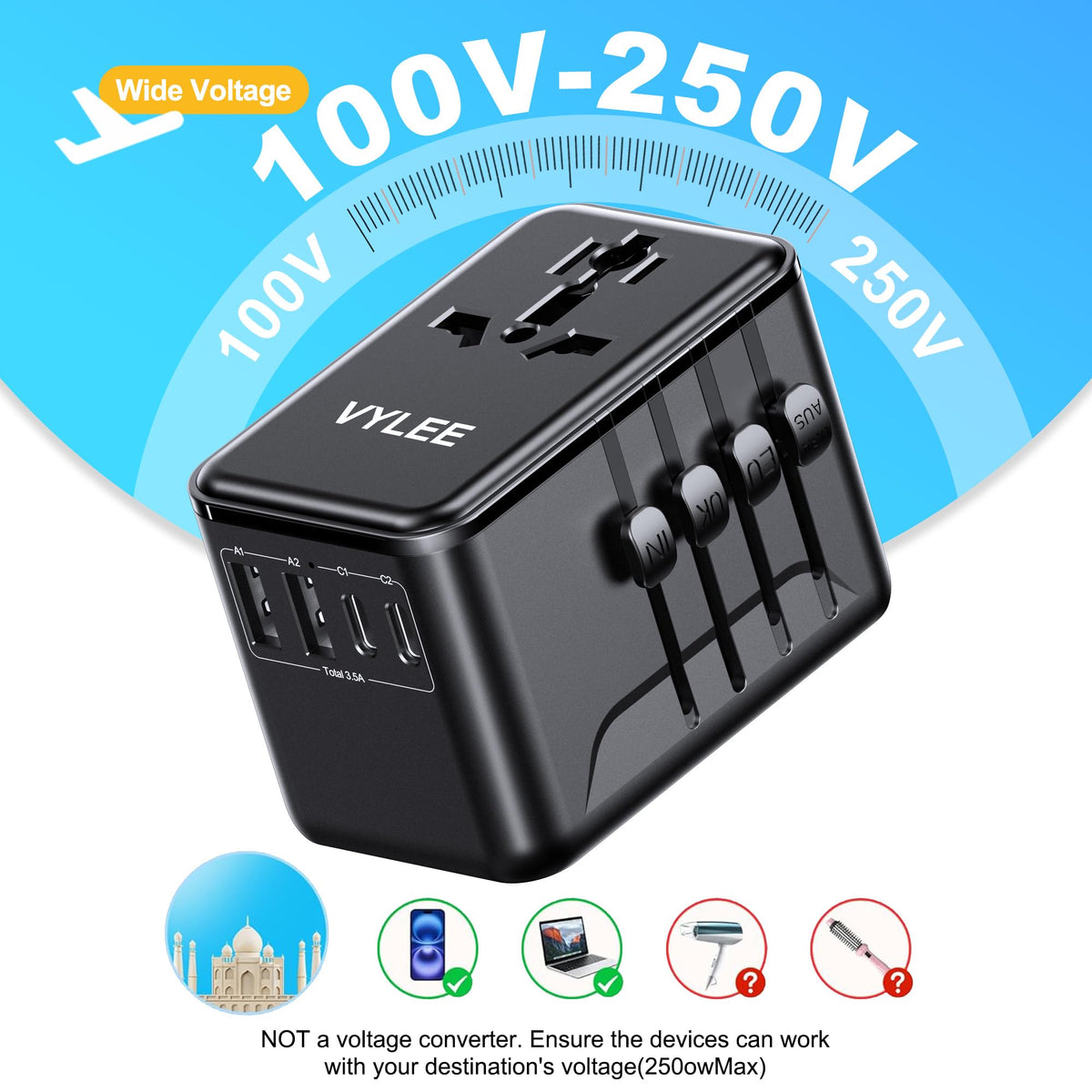Compact, lightweight design of the VYLEE travel adapter for packing ease.