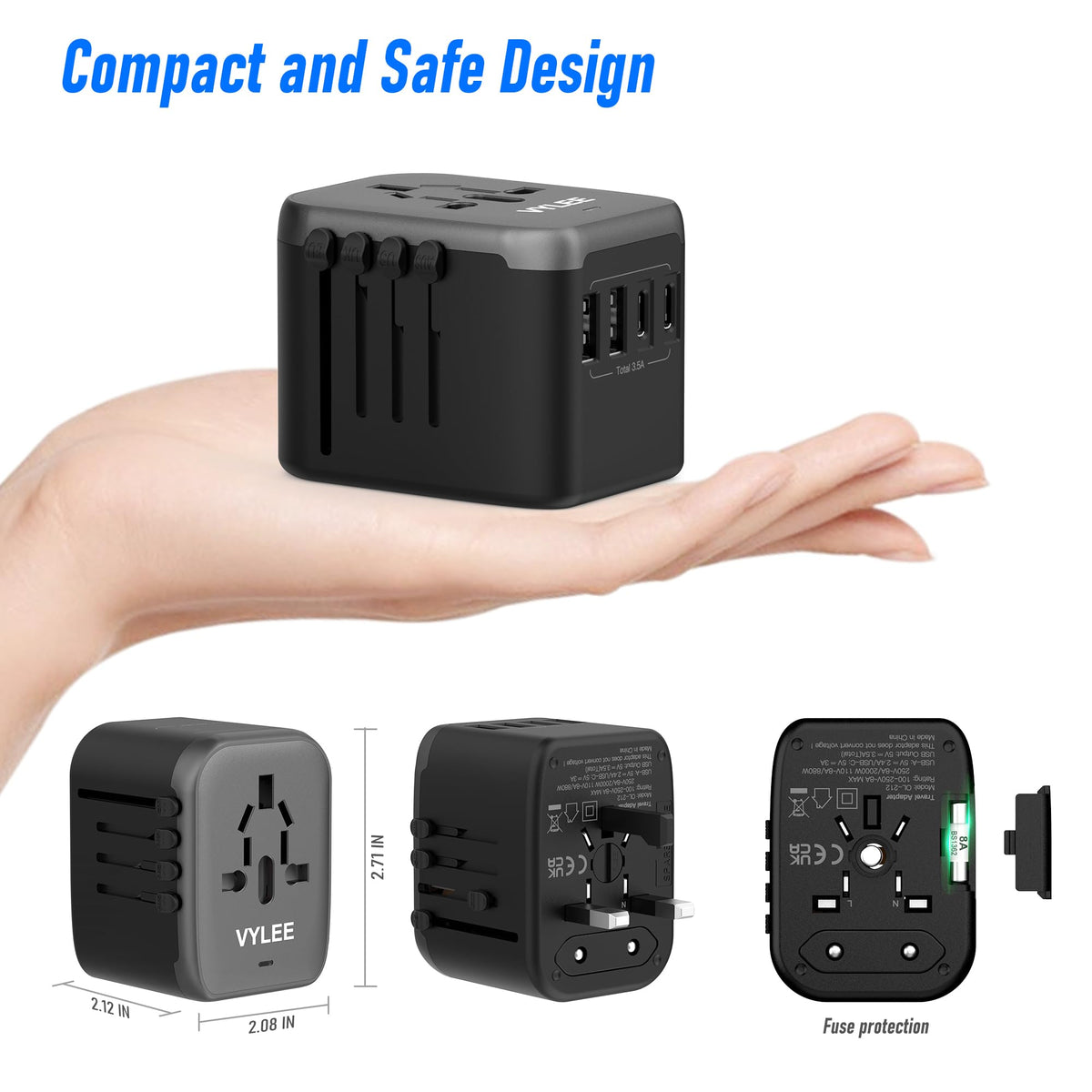VYLEE universal adapter supports 200+ countries with multiple plug types