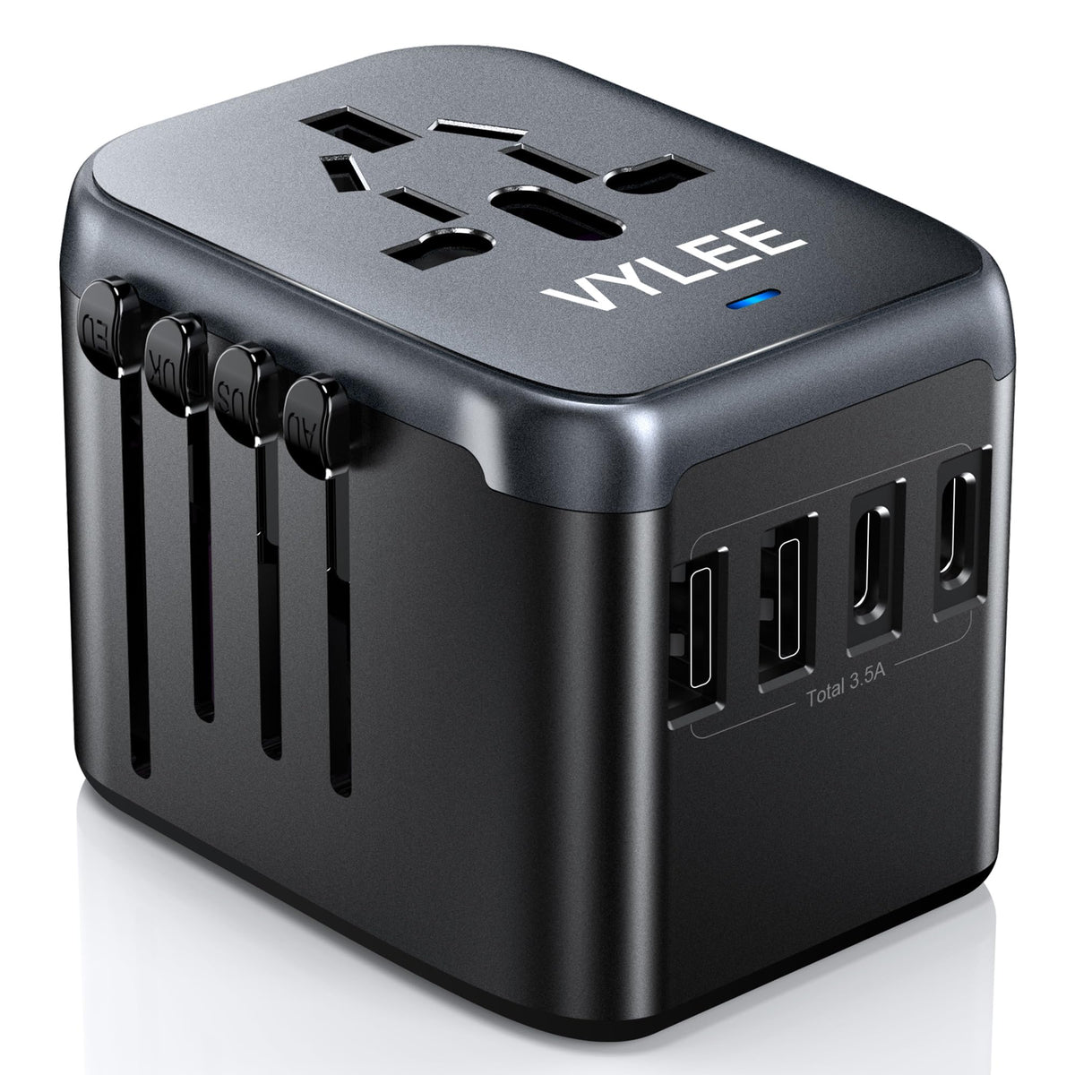 VYLEE universal travel adapter front view with 5-in-1 ports for global charging