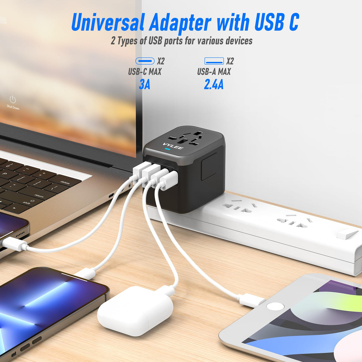 VYLEE adapter side ports ready to power EU UK AU US devices