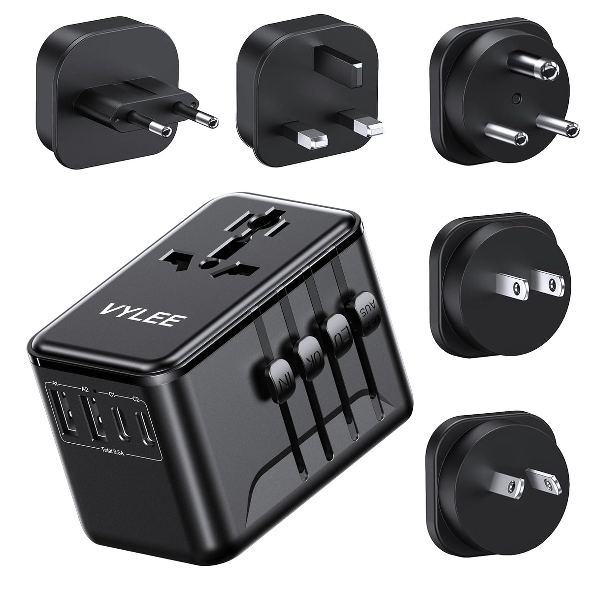 VYLEE universal travel adapter with Type A plug for North American outlets.