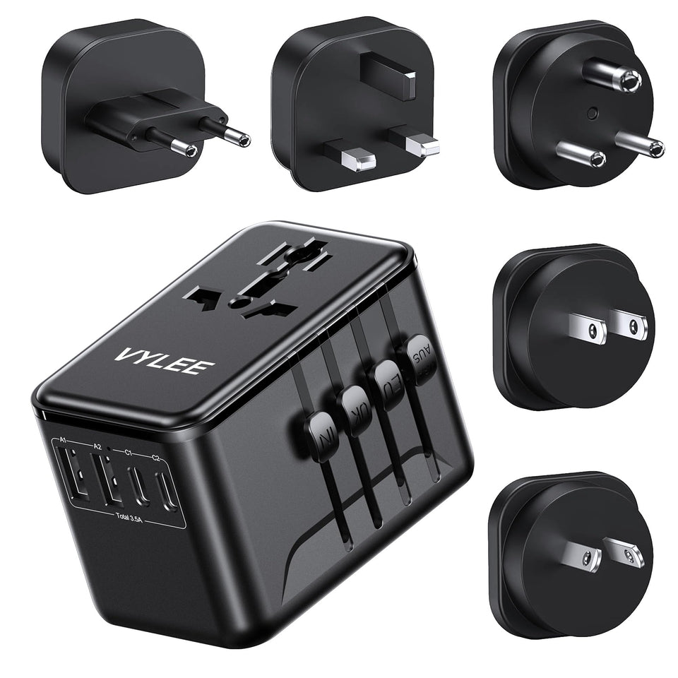 VYLEE universal travel adapter with Type A plug for North American outlets.