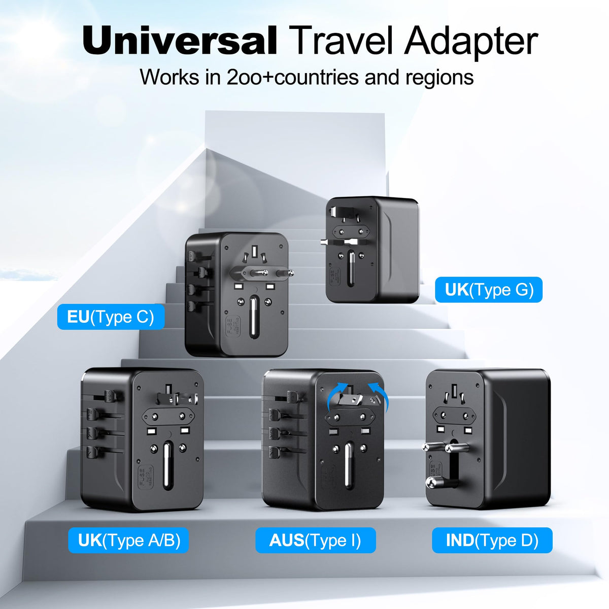 VYLEE universal travel adapter with Type C plug for European sockets.
