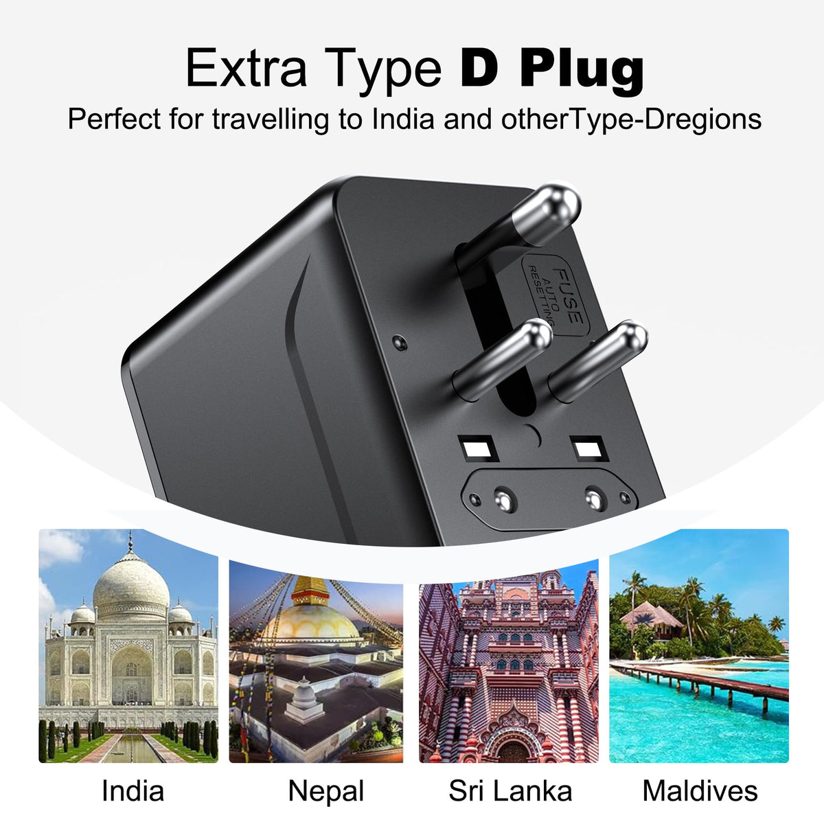 VYLEE universal travel adapter with Type D plug for South Asia.