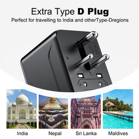 VYLEE universal travel adapter with Type D plug for South Asia.
