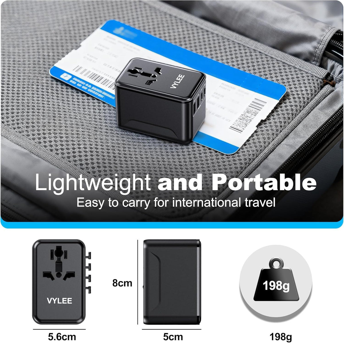 VYLEE universal travel adapter with Type I plug for Australian outlets.