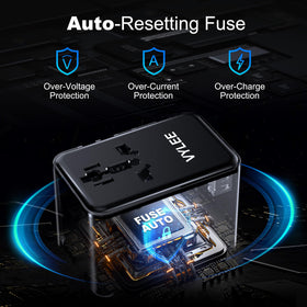 VYLEE travel adapter showing USB-A ports for multiple devices.