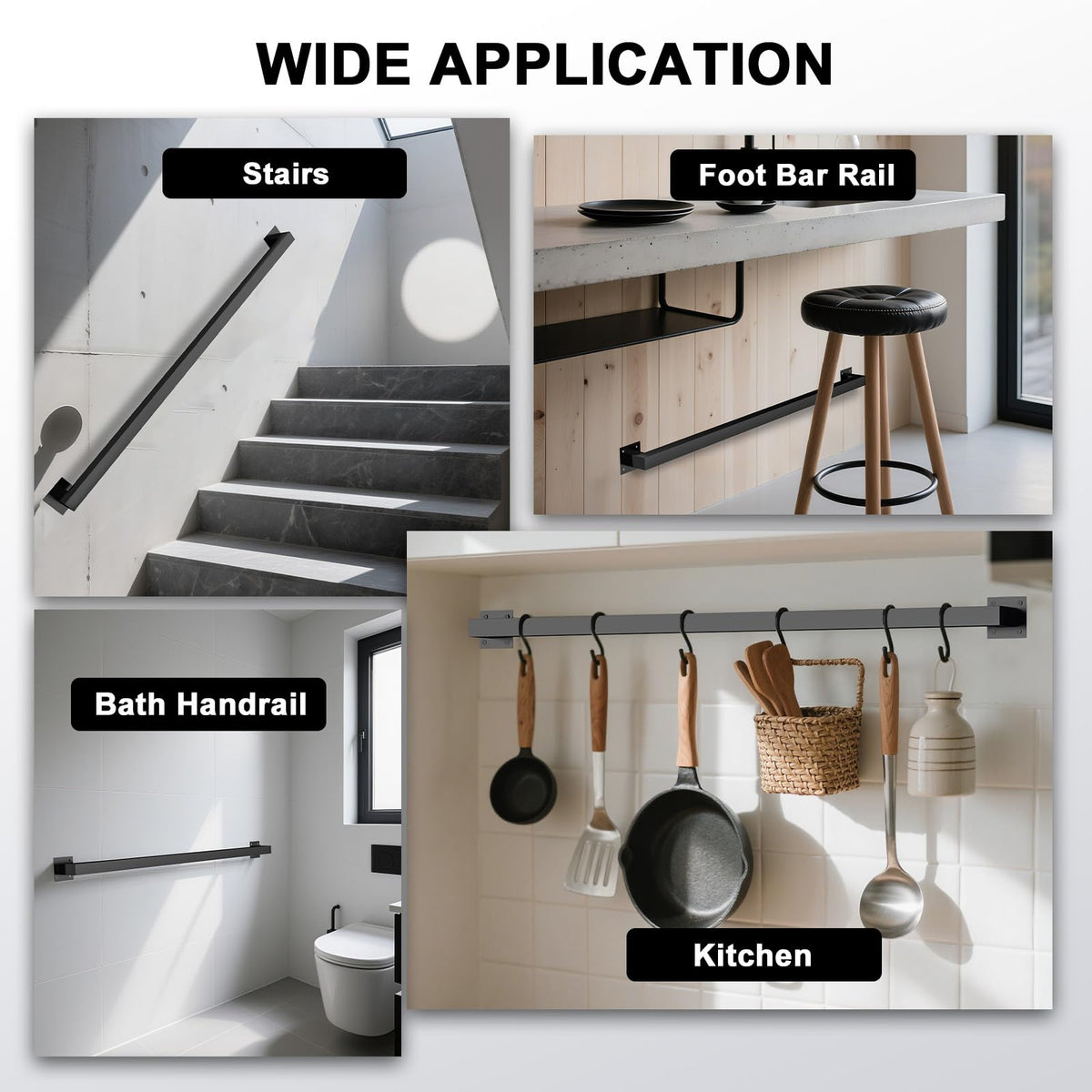 VZNEK black iron stair railing with rust-resistant finish for indoor/outdoor use.
