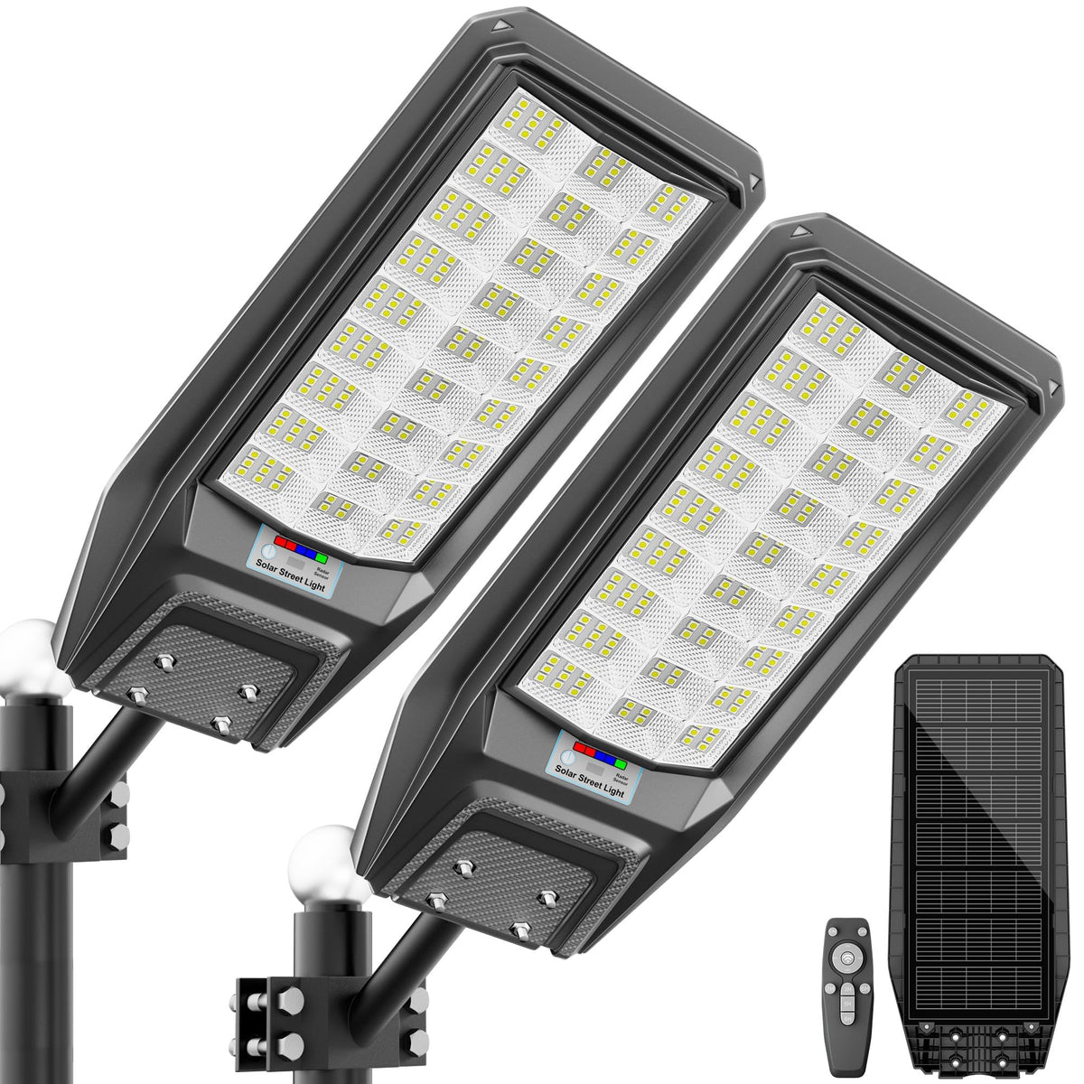 Vzyhik 9500W solar street light, front view, delivering broad coverage for parking lots.