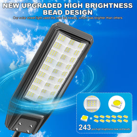 Vzyhik 9500W solar street light at night emitting a wide glow across driveways and lots.