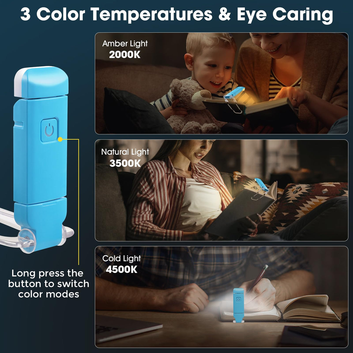 VZZNN light shows three color temperatures for versatile reading.