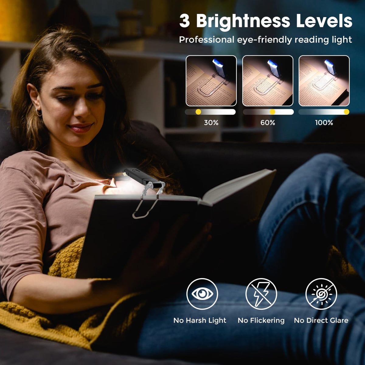 VZZNN reading light features quiet button design for late-night use.