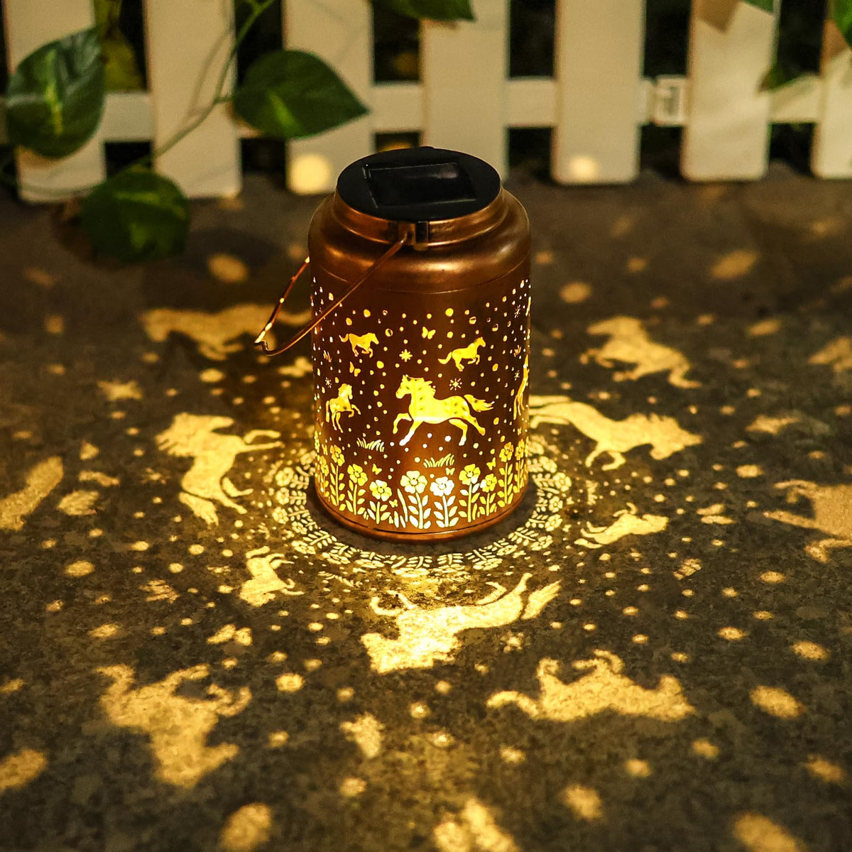 WACLSTDAY horse solar lantern hanging to illuminate the garden at night.