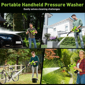 Wadaddy cordless car washer in use on car and patio surfaces