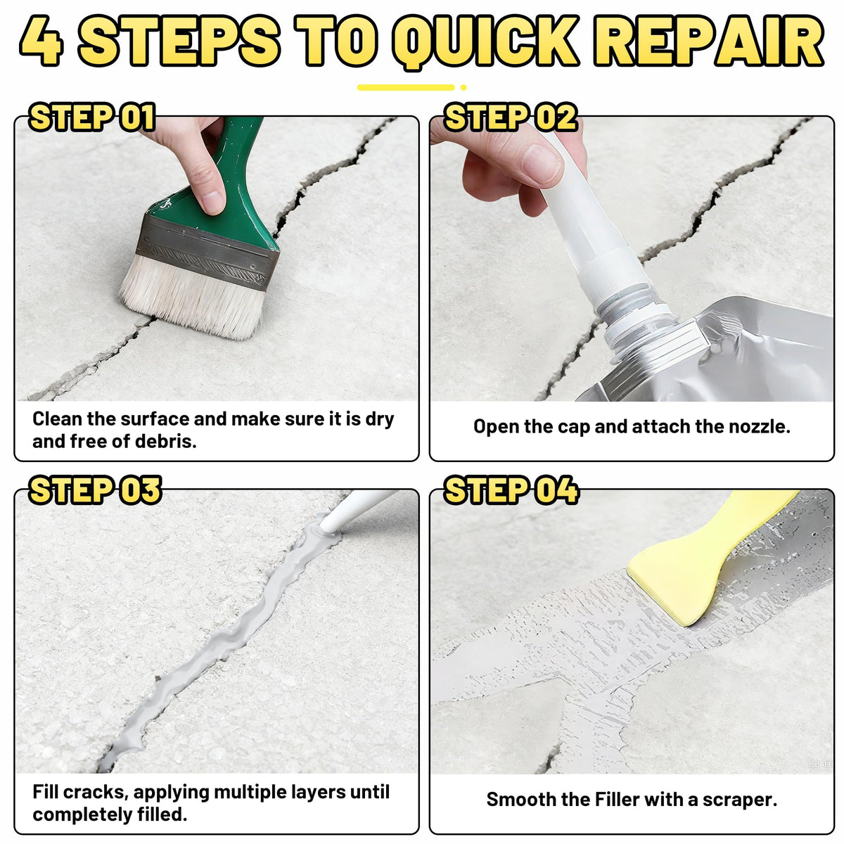 Wadities concrete crack filler curing-time emphasizes quick drying and strong bond.