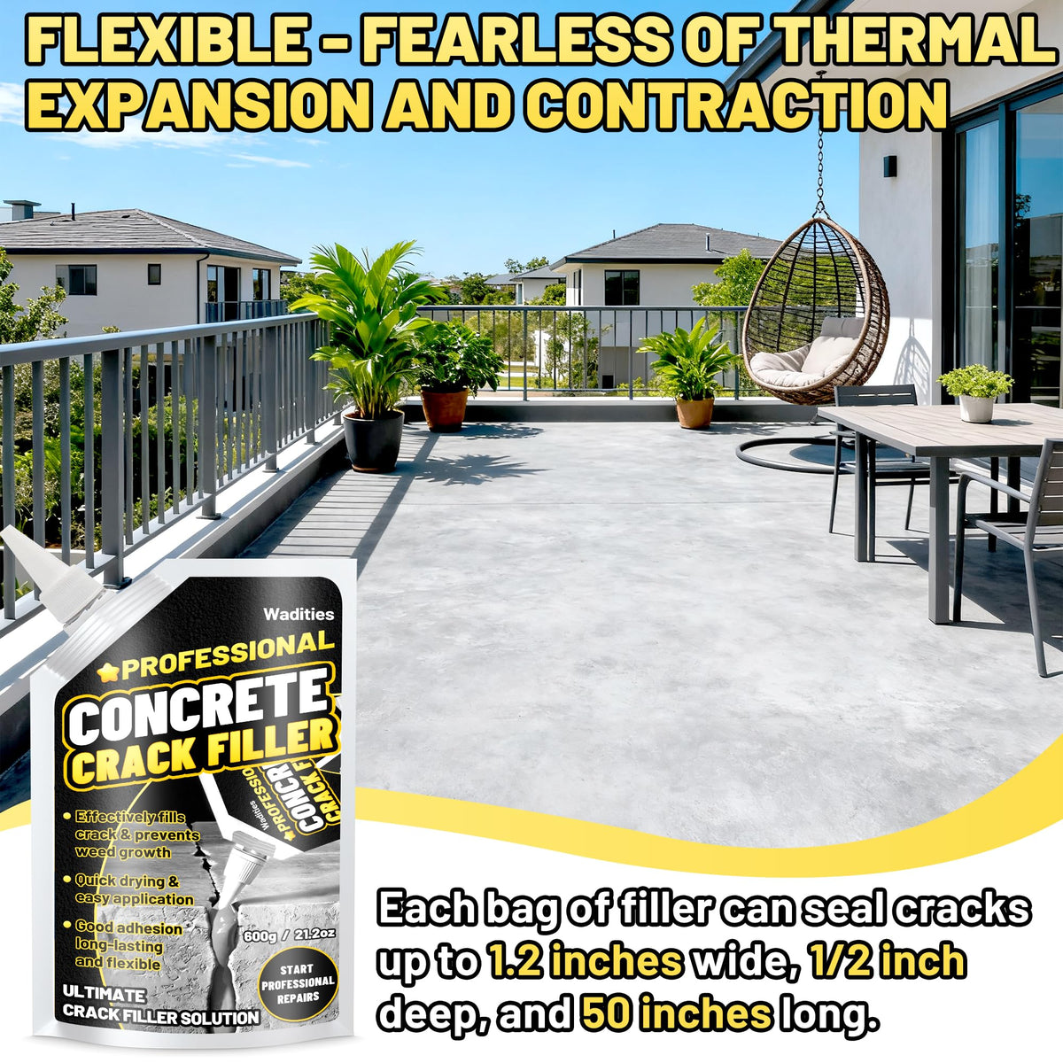 Wadities crack filler liquid-sealant pour demonstrates self-leveling fill for flat surfaces.