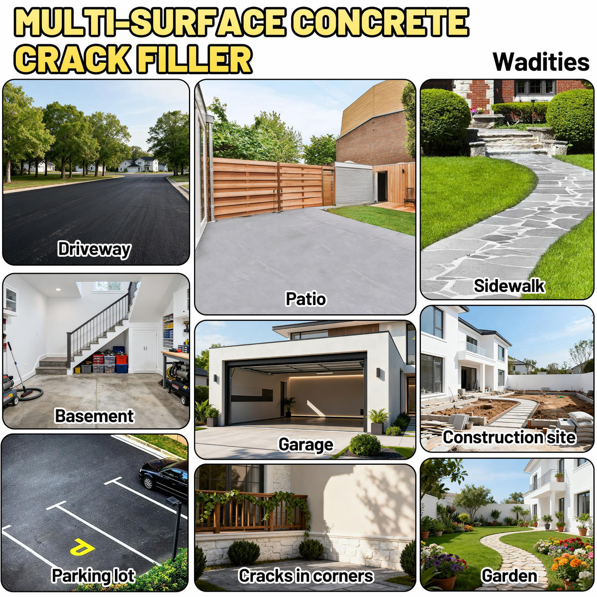 Wadities concrete crack filler multi-surface-use demonstrates versatility on concrete, asphalt and brick.