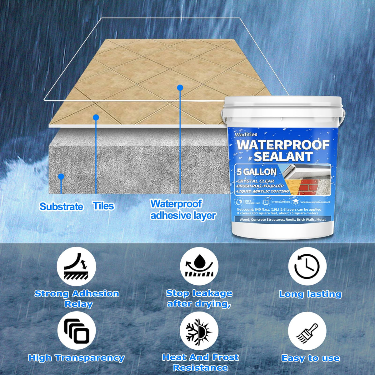 Wadities waterproof sealant for roofs and walls guards against moisture in harsh weather.