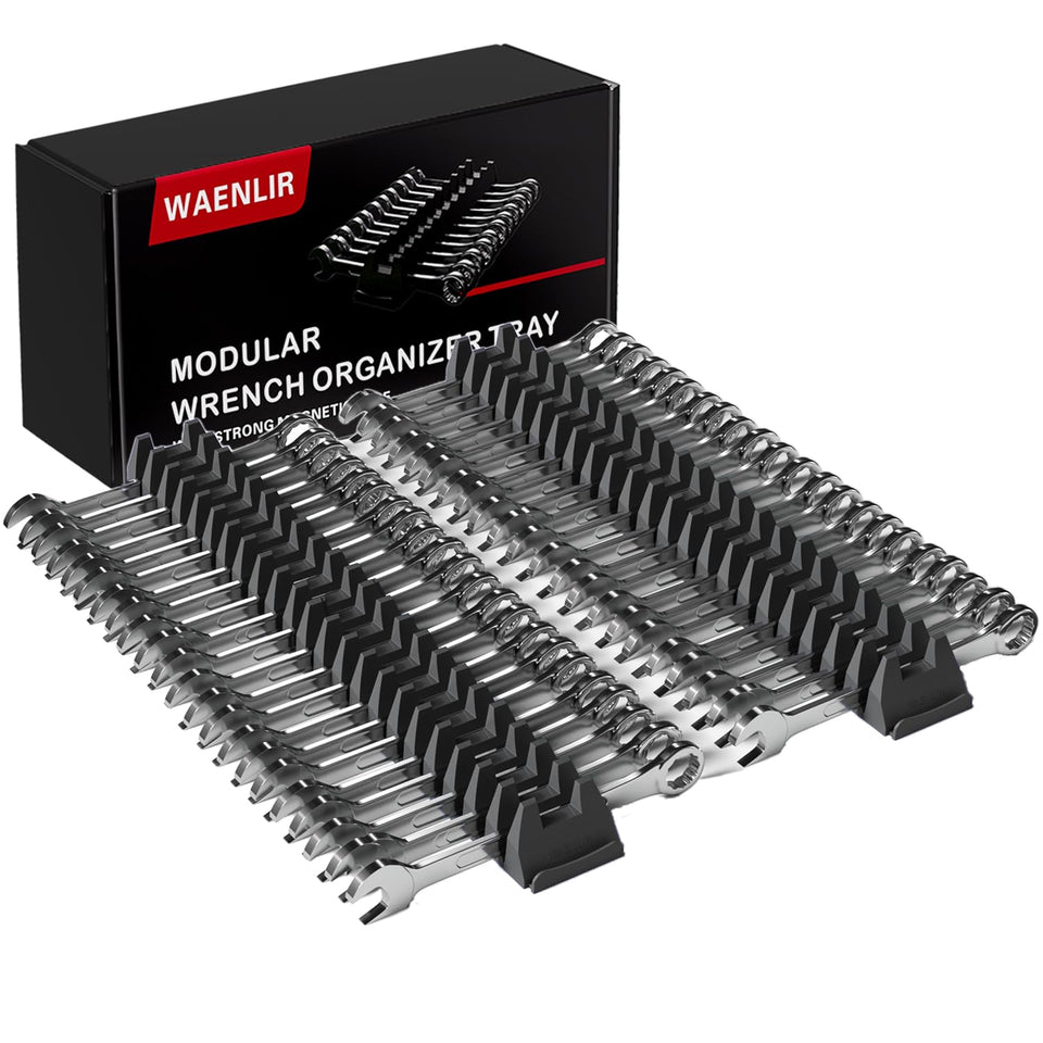 WAENLIR magnetic wrench organizer, front view, with secure magnets holding wrenches in place.