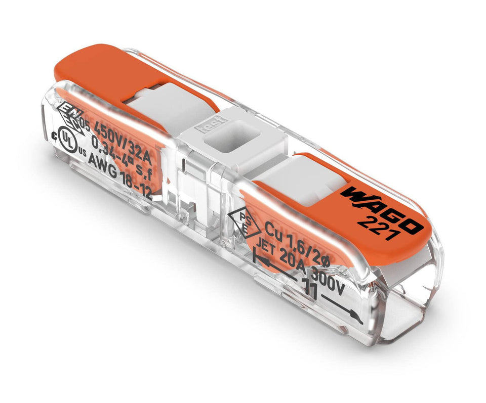 WAGO 221-2401 lever-nuts inline splicing connector with transparent housing for easy wire inspection.