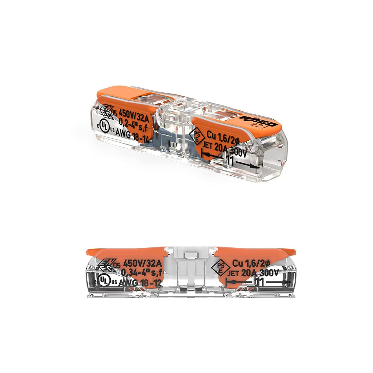 WAGO 221-2401 transparent housing shown to facilitate quick installation verification.