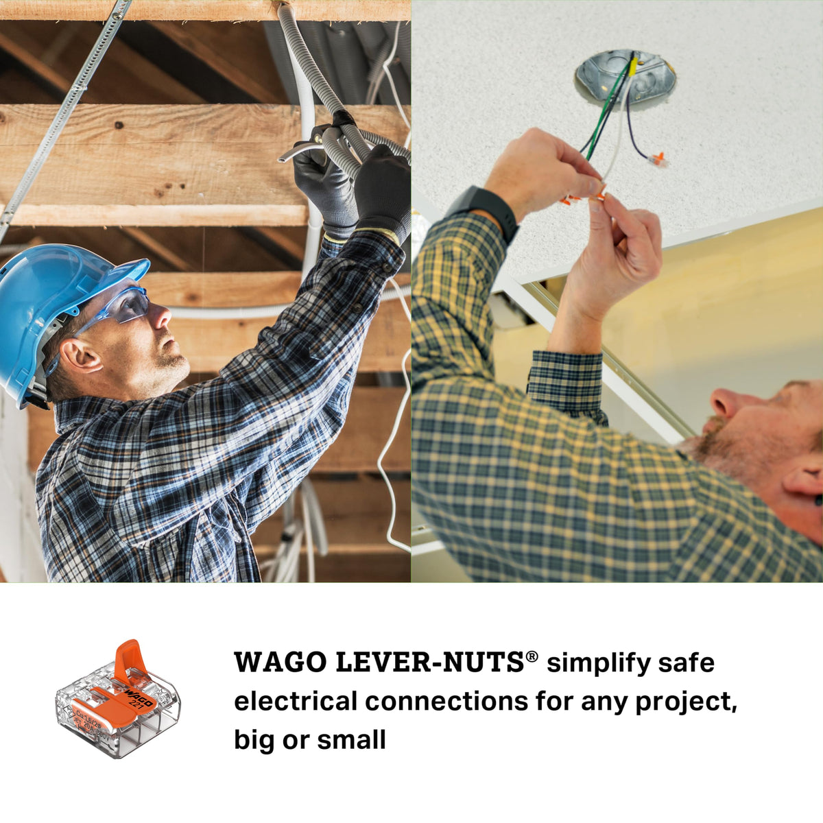 WAGO 221-413 lever-nuts transparent housing shows wire alignment for precise splices.