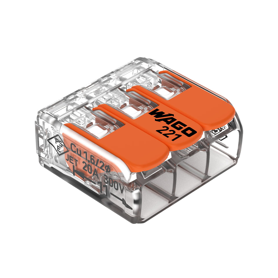 WAGO 221-413 Lever-Nuts 3-conductor connector in transparent housing for quick, secure connections.