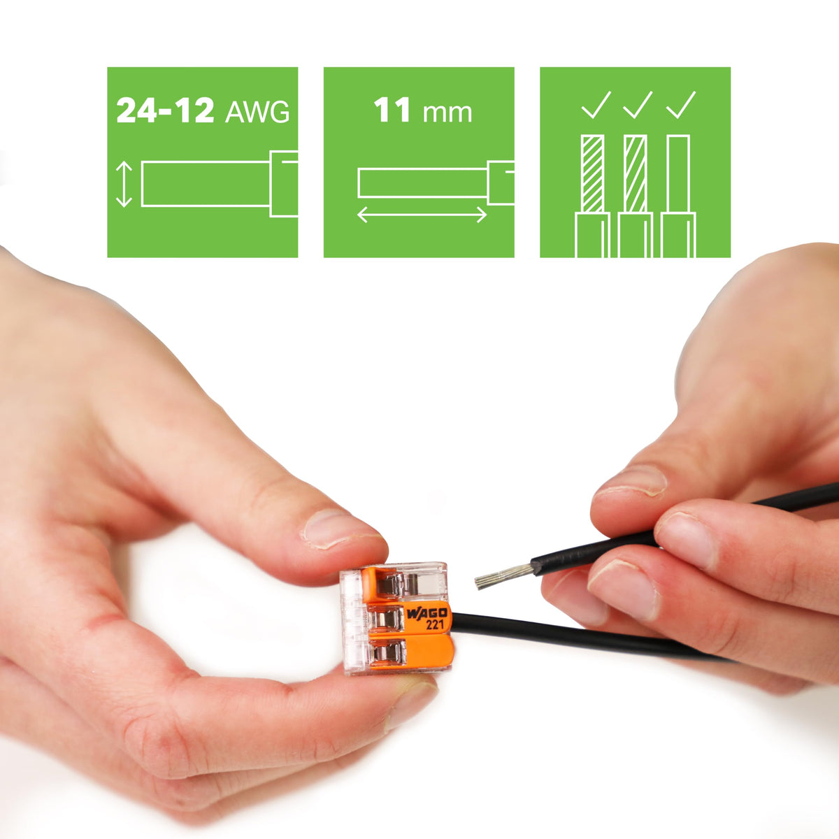 WAGO 221-413 lever-nuts support solid and stranded conductors for versatile electrical projects.
