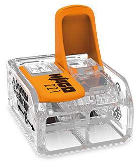 WAGO 221-612 close-up shows 10-20 AWG compatibility and clear housing