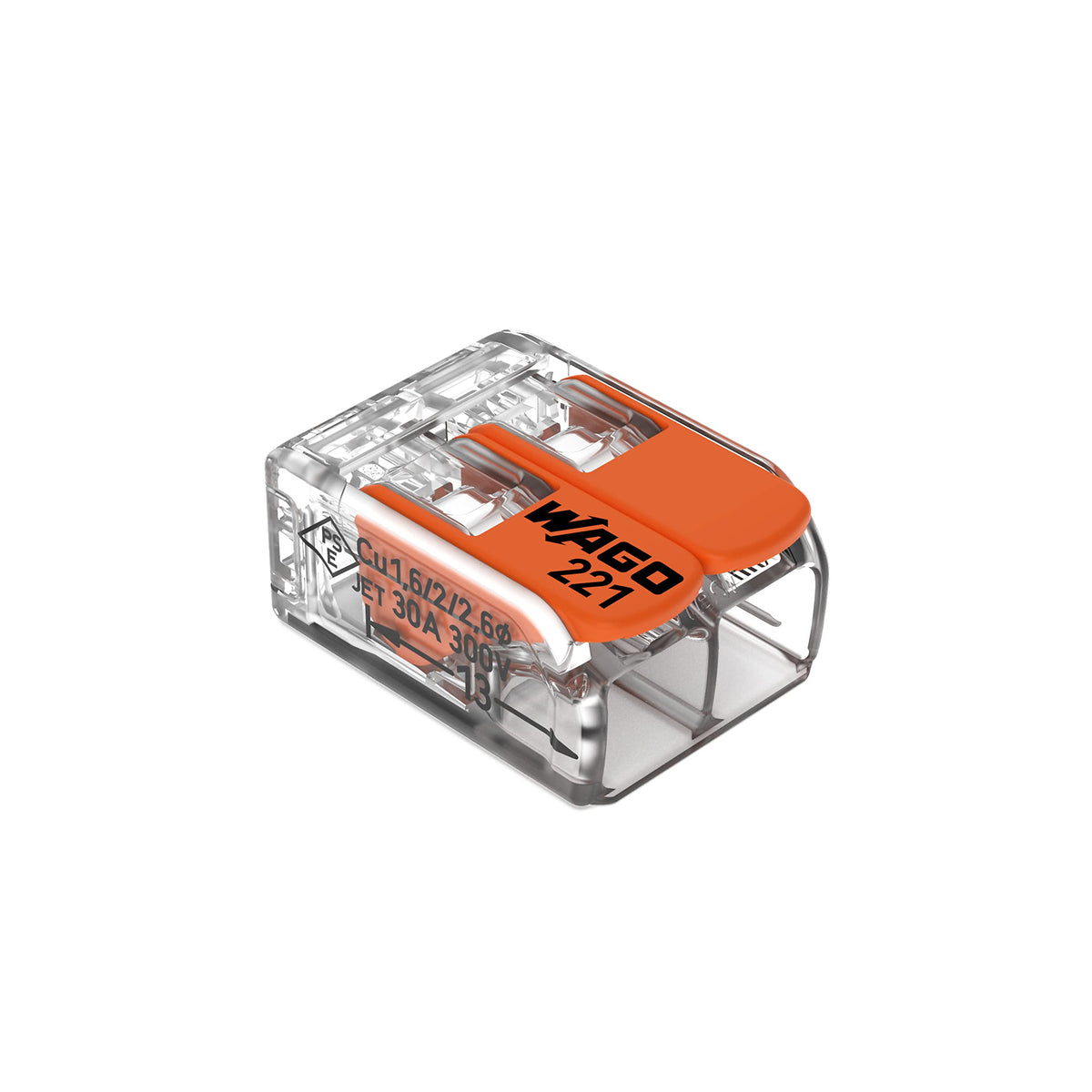 WAGO 221-612 lever-nuts securing a two-conductor connection with effortless lever operation.
