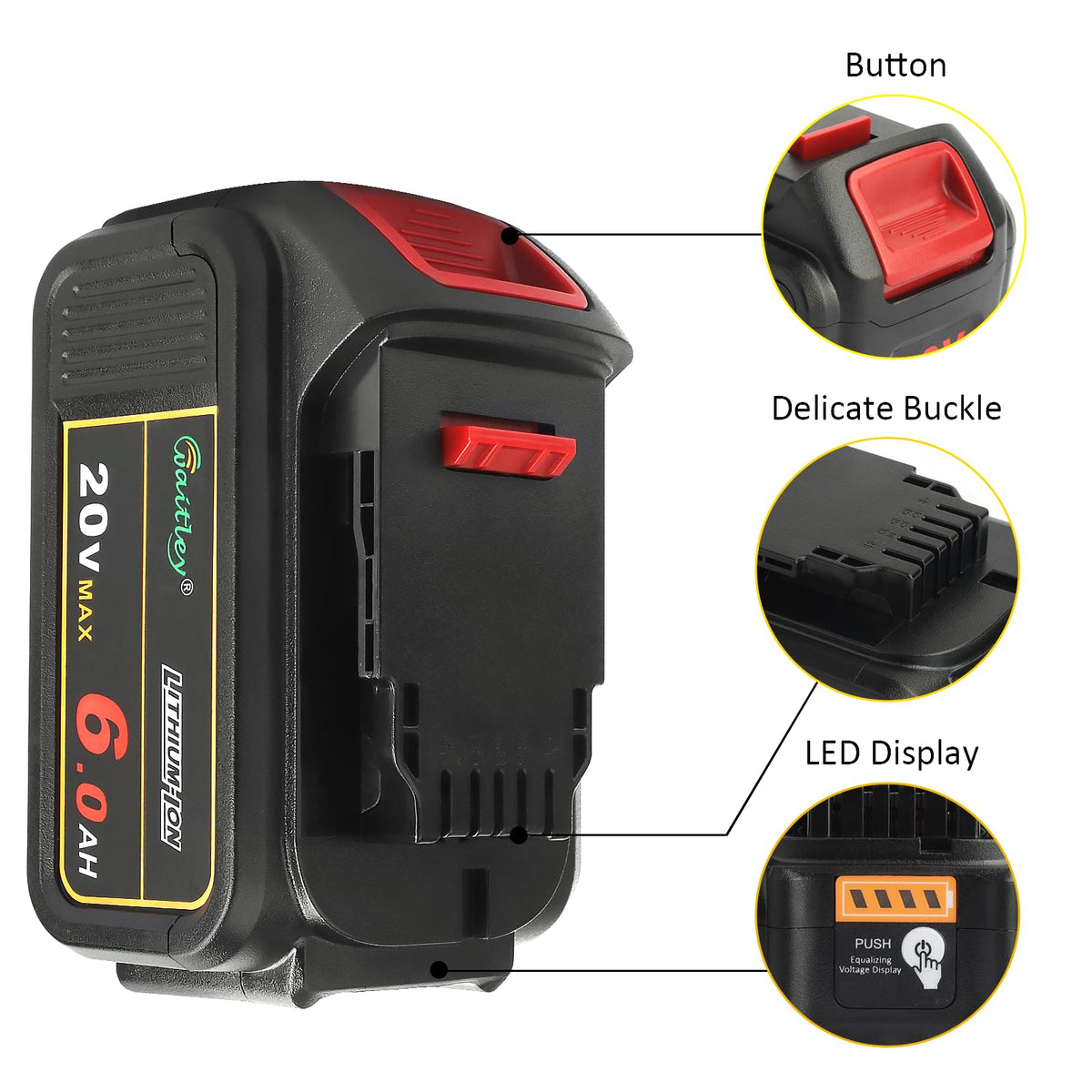 Waitley battery with LED indicators showing real-time charge levels.
