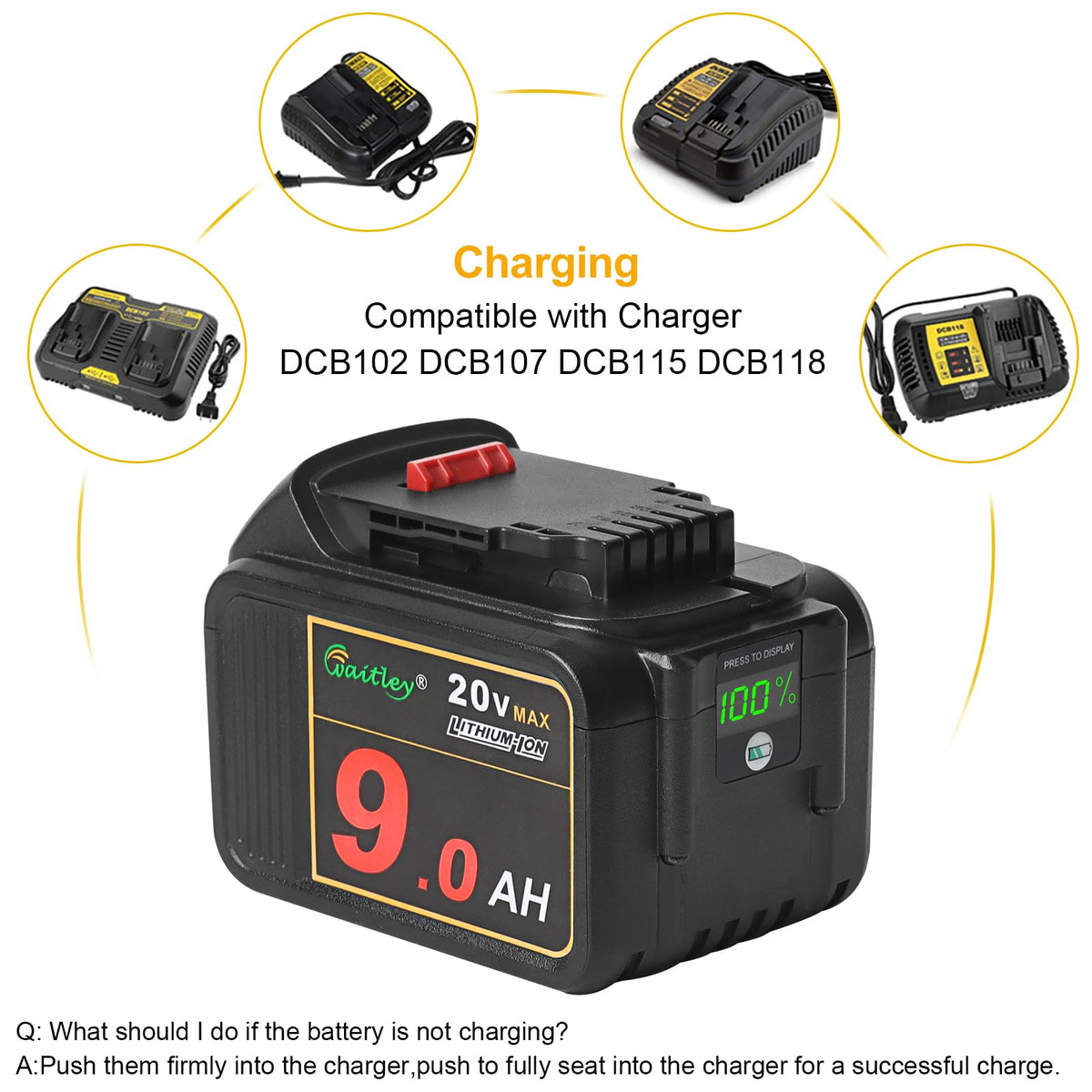 Waitley 20V 9.0Ah battery compatible with DCB200 and DCB206 models.