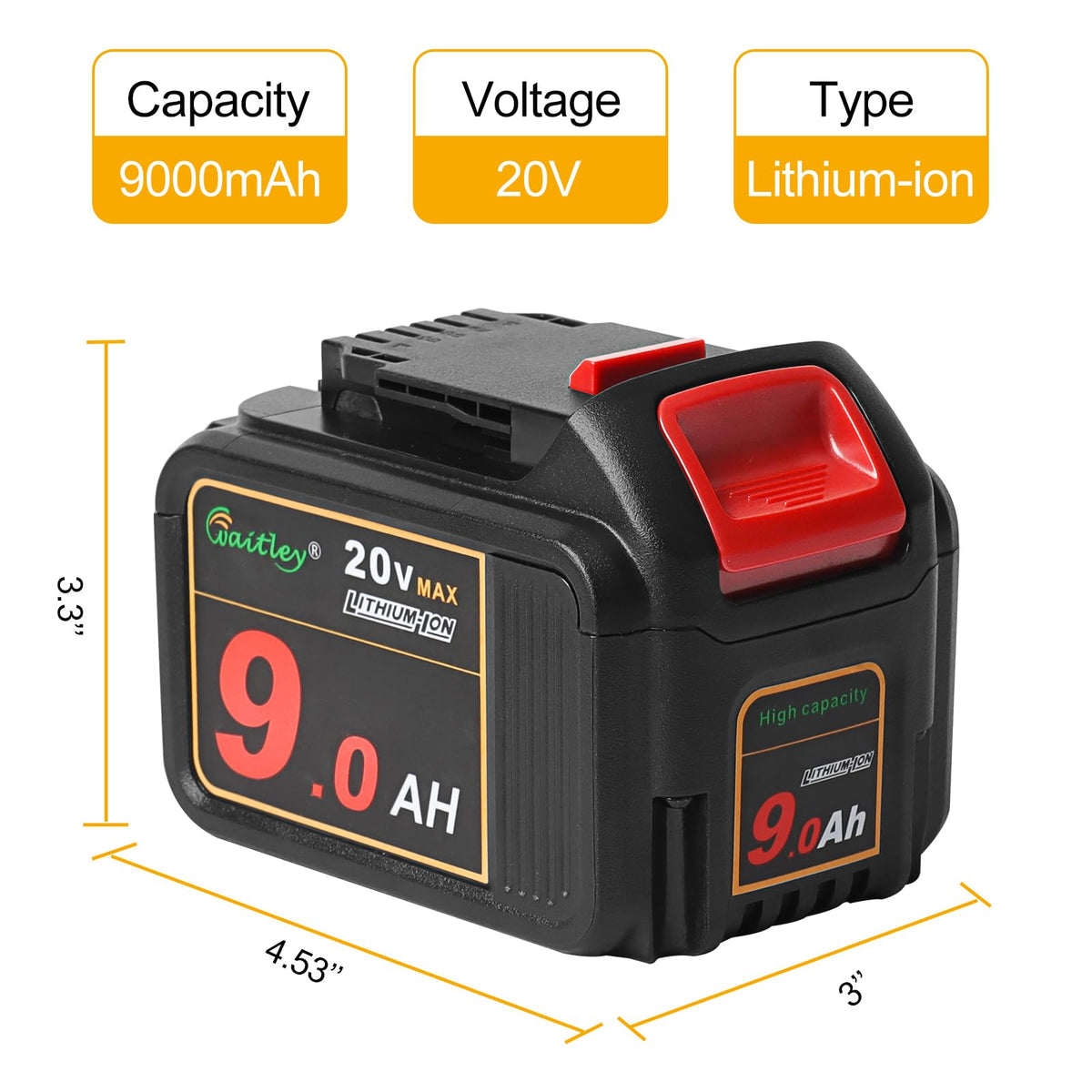 Waitley 20V 9.0Ah battery shows charging port compatibility with DEWALT tools.