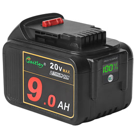 Waitley 20V 9.0Ah battery front view, indicating extended runtime.